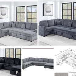 $649-4Piece Convertible Sectional  Sleeper Sofa ,Chaise Storage ,Sofa Storage & USB Ports 98” x 103” x 61” x36”H