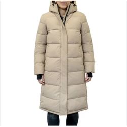 New New London Fog Women's Ulta Long Puffer Coat, size Medium color latte