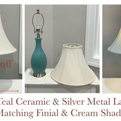 Ribbed Teal Ceramic & Silver Metal Lamp with Matching Finial & Cream Shade