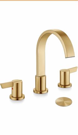 Midanya 8 Inch Widespread Bathroom Sink Faucet 3 Hole, Gold Waterfall Swivel Spout, 2 Handle, SUS304, with Pop Up Drain, 24" Water Hose,for 6-16" hole