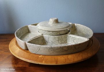 Vintage Hazel Atlas Snack Tray Set: Black & Gray Drizzle, Wooden Lazy Susan