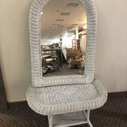 White Wicker Mirror And Side Table