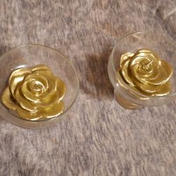 Gold Candles Float In Glass Cups, ROSES