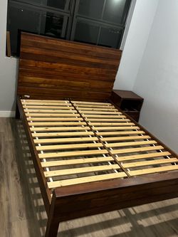 West Elm wood queen bed frame with matching nightstand