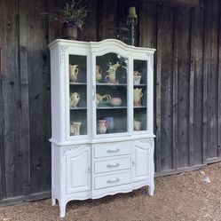 Vintage Farmhouse Hutch 48”Wide -  China Cabinet- Display Cupboard with Adjustable Shelves and Glass Doors 