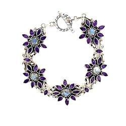 Silver Amethysts/Moonstone Floral Toggle Bracelet