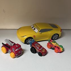 Disney Cars Collection Disney Cars Talking Big Car 10” & 3 Pull Back Race Forward Cars All Very Good Condition