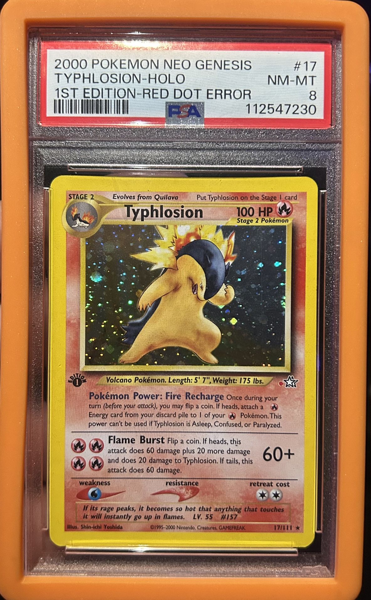 2000 Pokémon Neo Genesis 1st Edition Typhlosion Holo Red Dot Error PSA 8