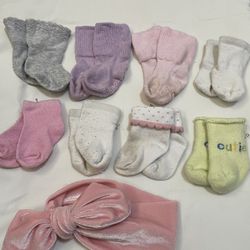 multi colored infant non skid girls socks & pink velvet bow headband $15 for all