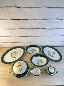 Arcadian China Green Gold Floral Serving Pieces 7pc