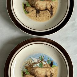 Two Vintage Folkcraft Stoneware “Bulging Elk” Salad Plates