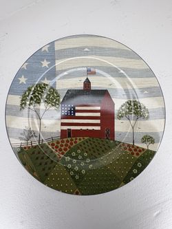 Warren Kimble Sakura America the Beautiful 8” Plate Red Barn Flag Folk Art 