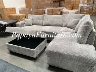 NEW Light Grey Fabric Sectional Sofa and Chaise Lounge Set with FREE STORAGE OTTOMAN Ashley Jerome Style BIG Modern Couch Clearance SALE Many Colors