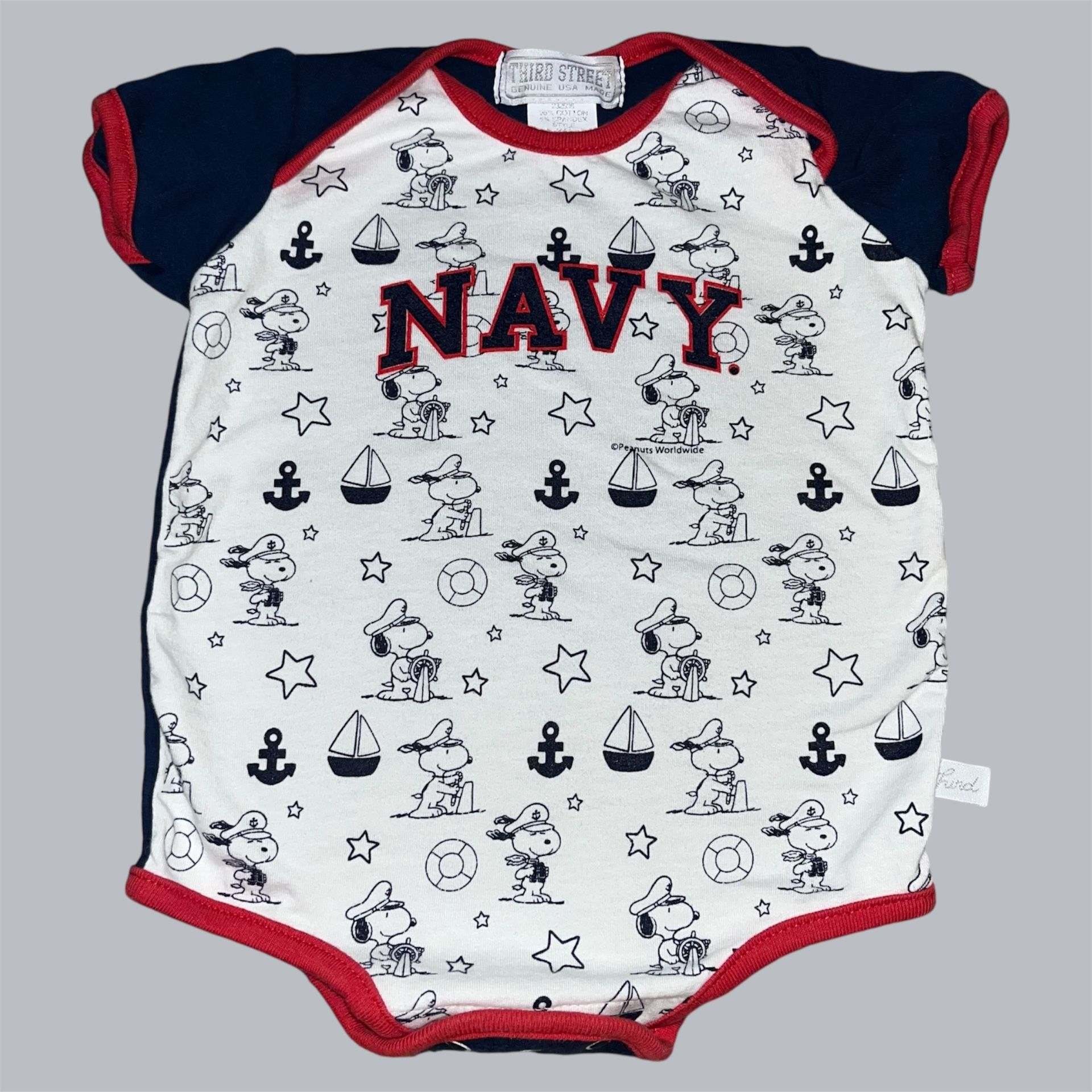 Vintage Third street snoopy “navy” bodysuit onesie paper tag size 12 months, 95% cotton & 5% spandex