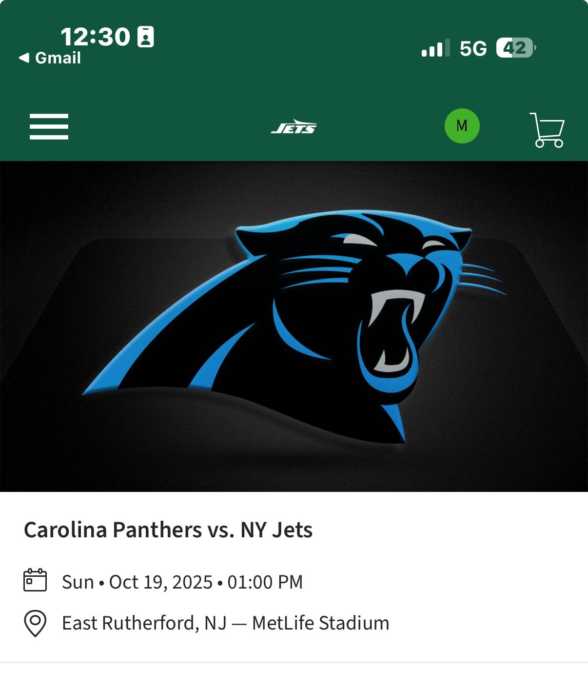 Jets Vs Panthers Oct 19th 1pm Tickets