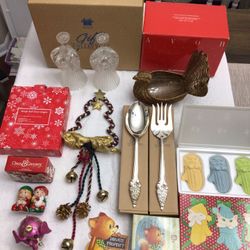 Vintage Christmas Decorations Silverplated Servers 24% Lead Crystal Candlesticks Salt & Pepper Shakers