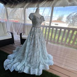 Elegant Ball Gown Light Blue Lace With Pearls & Crystal 