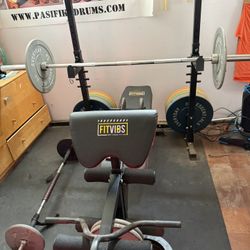 Weight Bench With Squat Rack, Weights, Barbell, Dip Machine 