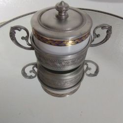 VINTAGE MONOPOLI ITALY PORCELAIN & PEWTER SUGAR BOWL 5.5" ×3.5" - M100