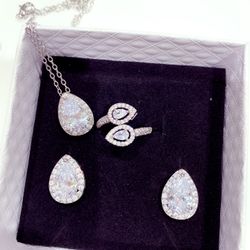 Tear Drop Set Necklace Earrings Ring Silver