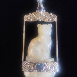 Sajen 925 Silver Mother Of Pearl Cat Pendent With amethyst Vintage 