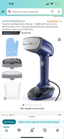 Powerful Handheld Fabric Steamer - 1800W with Fast Ceramic Heat-Up Plate, 2-in-1 Ironing & Wrinkle Remover, Steam Nozzle, Lint Brush - Blue, for US 12