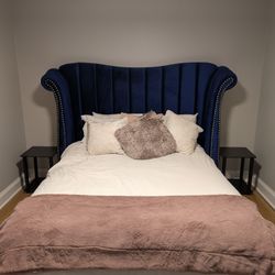 Vintage Blue Velvet Upholstered Queen Bed Frame 