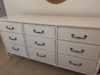 White Faux Bamboo Dresser with Brass Hardware