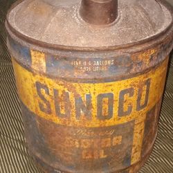 Highly Collectable 5 Gallon Factory Sunoco Motor Oil Can With Wooden Handle Collectable 