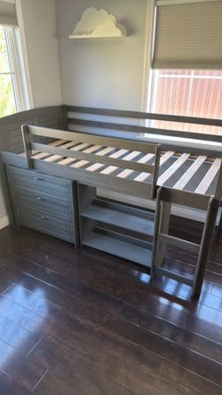Kids loft bed twin size with shelves and drawers