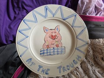 11" Hand-Painted Ceramic "At The Trough" Pig Platter Plate