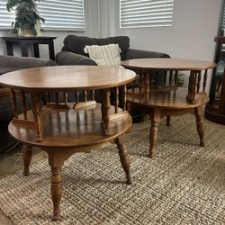 Wood Tables -Vintage Ethan Allen Solid Maple 2-Tier Round Side Tables (Pair)