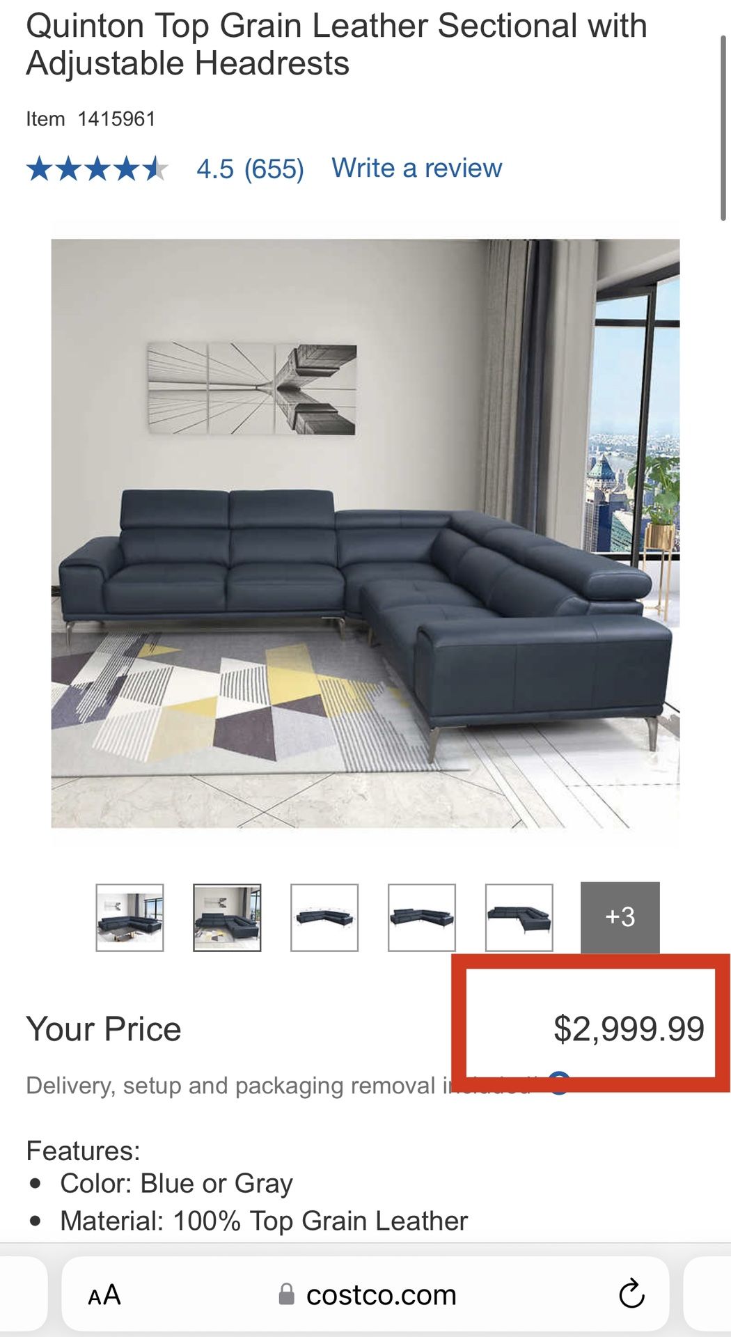 FREE DELIVERY BRAND NEW Quinton Top Grain Leather Sectional with