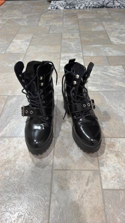 Black Patent Leather Combat Boots - Size 5