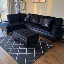 Midnight Black Microfiber Sectional Couch And Ottoma
