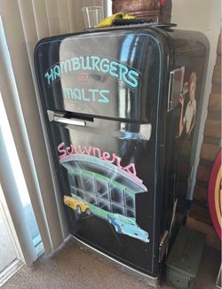 Retro Black Refrigerator with Custom Diner Artwork