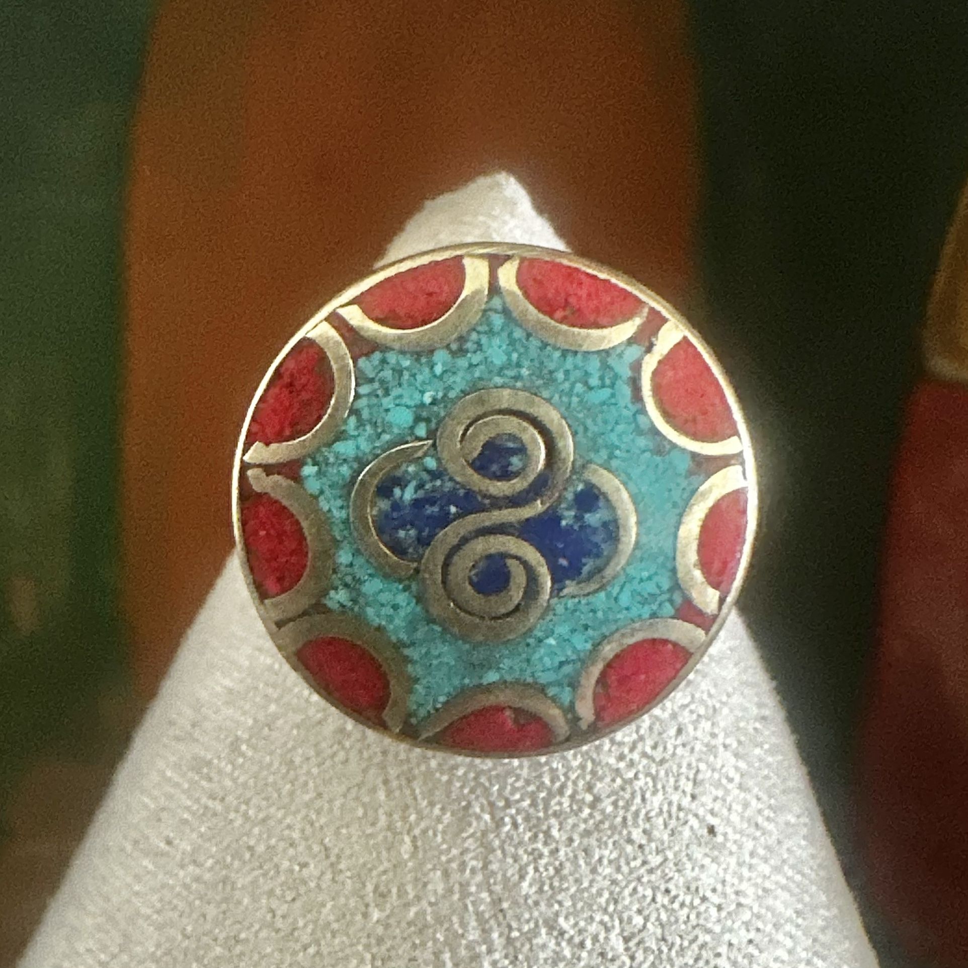 Turquoise & Coral Inlay Brass Adjustable Ring