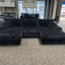 Big Black Double Chaise Corduroy Sectional