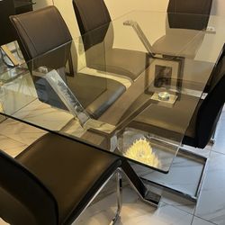 Dining Table (glass) With 6 Leather Chairs 