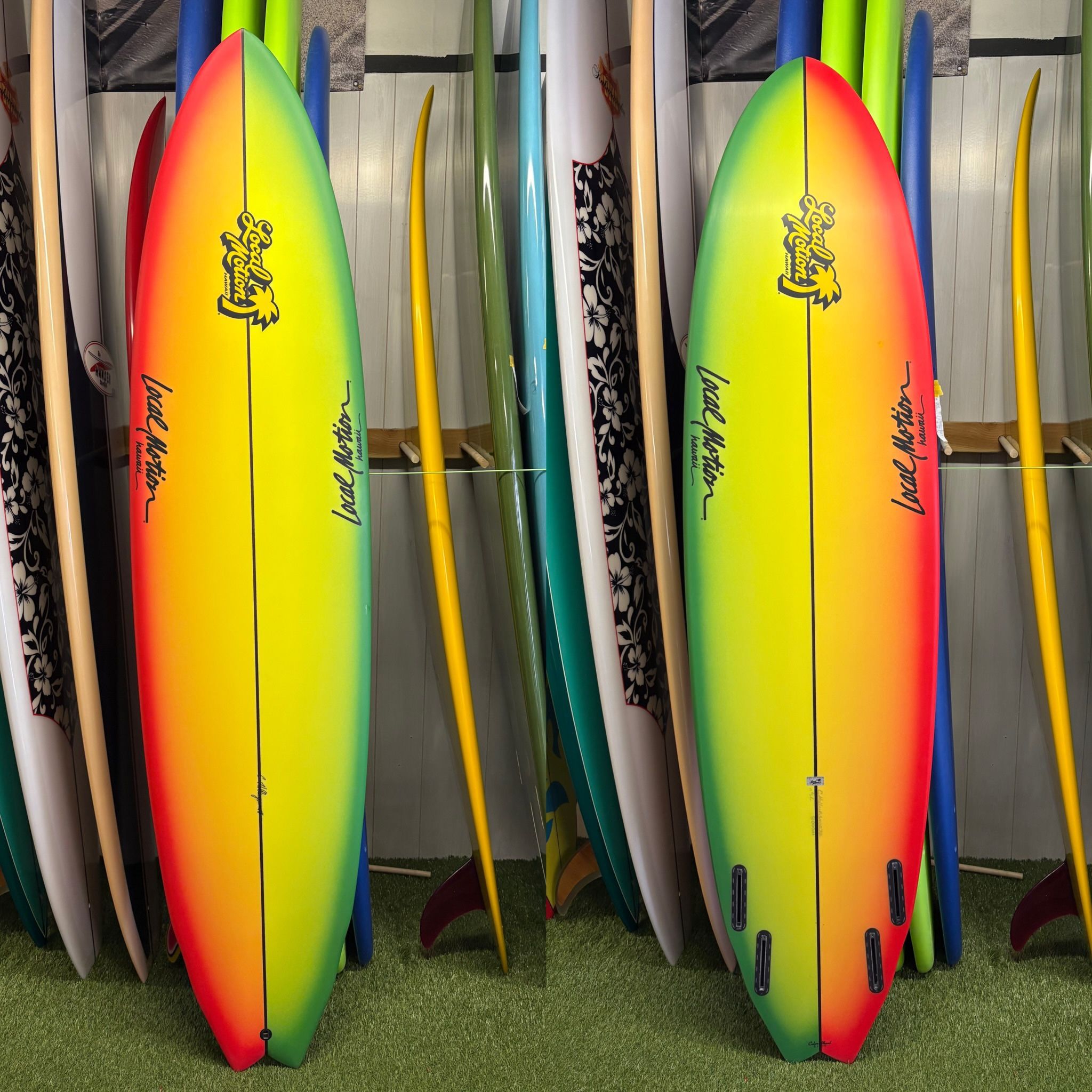 New 7’4 Local Motion Rasta Paint, 4 fin box, surfboard