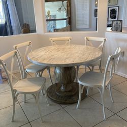 Round Whitewash Distressed Table With 5 Chairs 