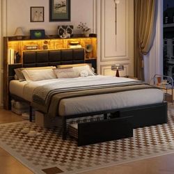 Open Box New-TIGUBFRE LED Bed Frame Queen Size with Bookshelf PU Leather Headboard, 2 Hidden Storage Drawers, Upholstered Platform Bed with Charging S