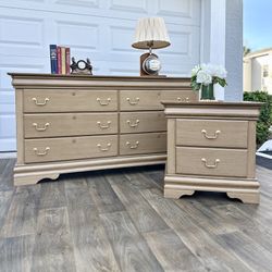 🌺 Newly Refinished Pottery Barn Inspired Solid Wood Dresser W/Single Nightstand / Details Below/ I Can Deliver 