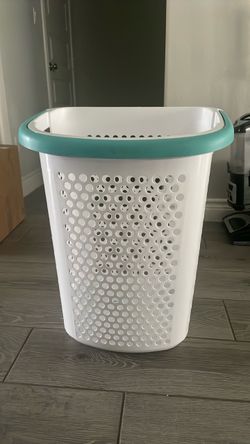 White Plastic Laundry Hamper with Teal Rim