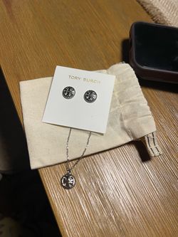 Tory Burch Silver Logo Earrings and Necklace Set