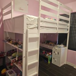 Kids full size Loft Bed with Desk and Storage – White