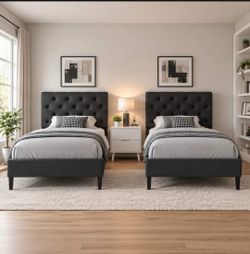 Set of 2 Twin Size Bed Frame with Adjustable Headboard, Faux Leather Upholstered Platform Bed with Button Tufted Design, No Box Spring Required, Easy 