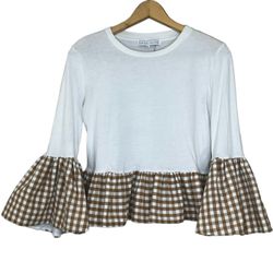 English Factory XS White Tan Gingham Plaid Bell Sleeve Crop Peplum Blouse Top