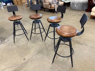 Industrial Black Metal Swivel Barstool with Caramel Leather Seat (Set of 4)