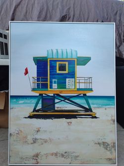 "Life Guard On Duty"  V White Frame  Canvas Art Work.